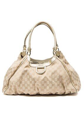 Gucci Large Ring Tote Bag Beige Gold Monogram Pattern Canvas